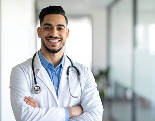 Smiling male doctor in a white coat, arms crossed