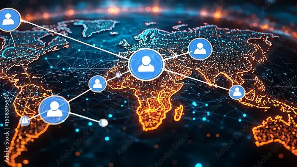 Poster global connections and digital network visualization with world map and user icons