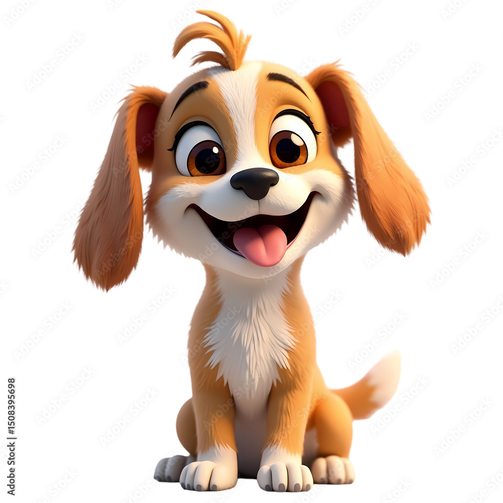 Poster animated dog with brown and white fur sitting with its tongue out and a happy expression on its face