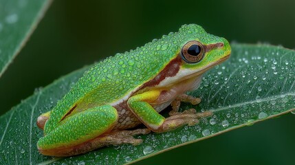 Fototapeta premium A vibrant green tree frog with textured skin and patches of yellow and brown perched on a large, dew-covered glossy leaf, showcasing its large dark eyes with golden-brown rings, set against a soft, ou