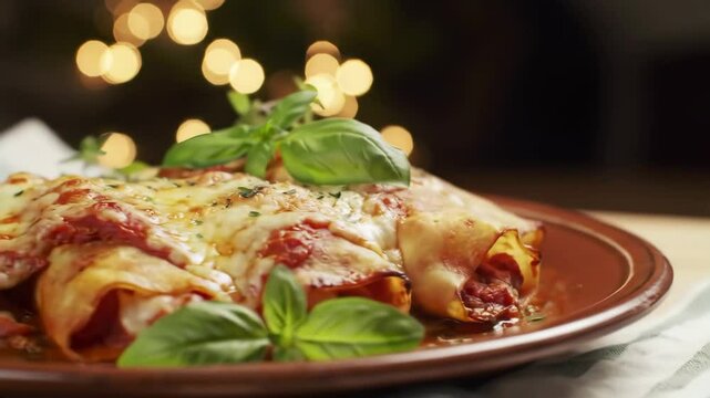 Cinematic orbit and zoom on festive manicotti plate with herbs, olives, and glowing holiday lights