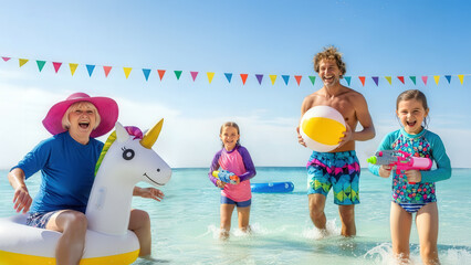 Cool and funny image of a joyful family enjoying at a beach day , playing with beach balls, water guns, and colorful inflatables. Perfect for advertising vacations, summer travel, outdoor fun