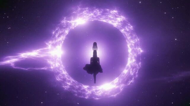 A celestial sorcerer silhouette levitates before a massive floating purple energy ring stars. Particles orbit like spell fragments ring emits surges of cosmic force, suggesting space-magic fusion
