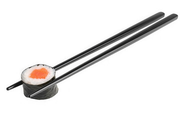 Single sushi roll with chopsticks isolated on transparent background