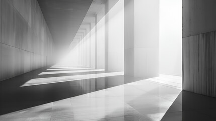 Obraz premium A monochrome perspective of a long corridor with pillars and light shining through openings