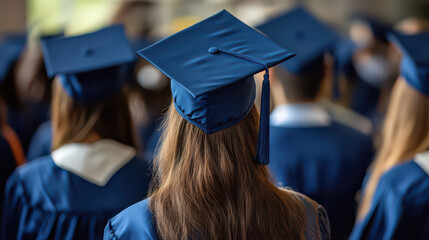 Graduation Glory: A sea of scholars, donned in caps and gowns, embodies the culmination of academic journeys, with the front row offering a captivating back view