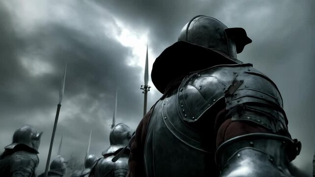Armored medieval infantry standing in formation against a stormy sky, facing away from the viewer with spears, knights ready for battle, and moody atmosphere