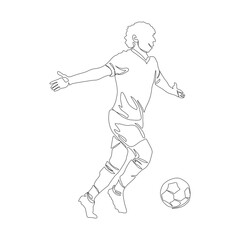 Naklejka premium Soccer, football player kicking ball, footballer shoots and scores a goal, a player selebrating the victory isolated vector one line silhouette