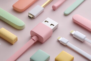 Fototapeta premium Brightly Colored USB Cable With Assorted Accessories on a Light Surface