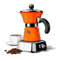 Retro Orange Stovetop Espresso Maker with Coffee and Beans