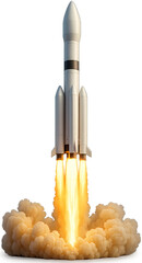 3D illustration of space rocket launch with fire and smoke. Symbol of innovation, startup launch, success and technology development. Isolated illustration on transparent background.