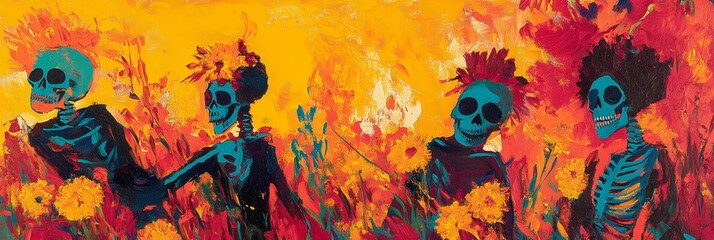 Skeletons in colorful floral setting possibly related to day of the dead.