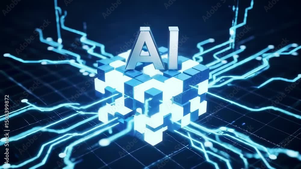 Poster glowing ai letters emerge from digital cubes, electric circuit lines animate in a futuristic grid re