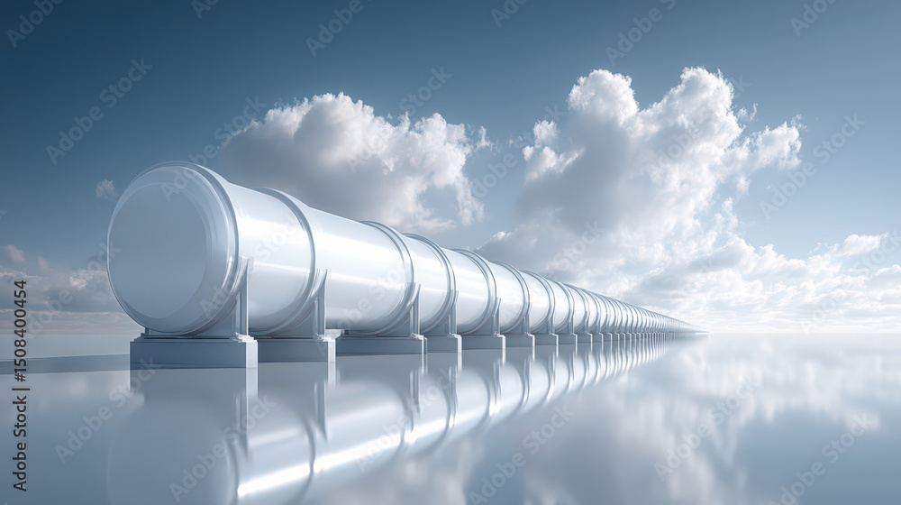 Poster industrial pipeline on cloudy sky: an imposing industrial pipeline stretches into the distance under