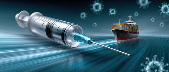 vaccine virus distribution concept. Syringe and cargo ship illustration representing health and logistics in a digital environment.