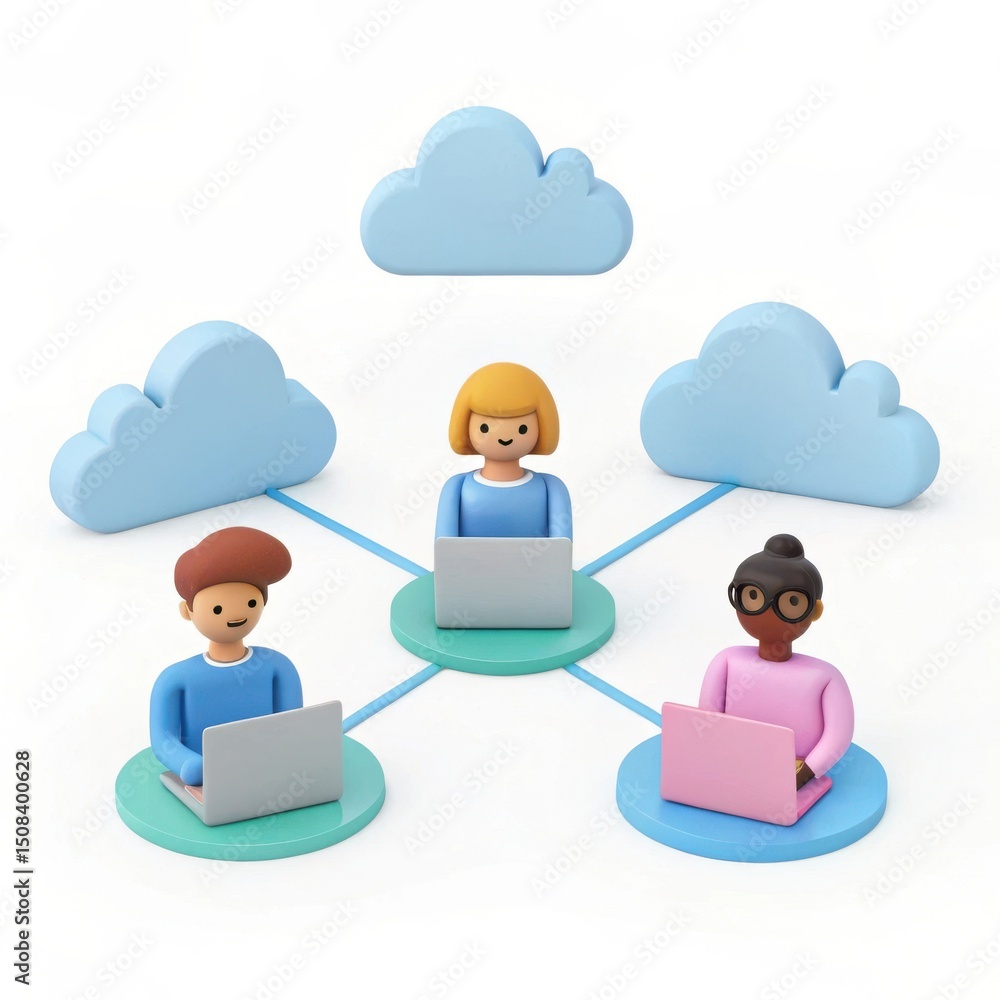 Poster team of virtual workers using cloud platforms and remote tools for hybrid collaboration