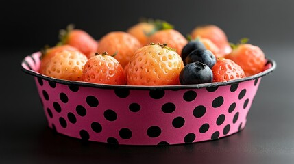 Naklejka premium Vibrant berries in a polka dot bowl fresh strawberries and blueberries