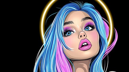 Pixel Art Portrait Young Woman with Blue and Pink Hair and Glowing Halo