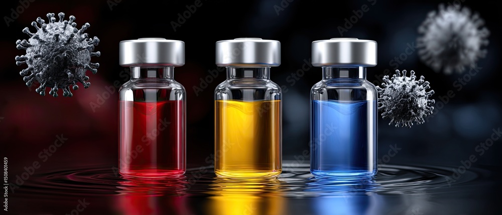 Poster vaccine virus distribution concept. three vials with colorful liquids and virus-like structures in a