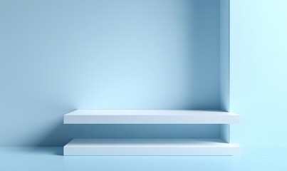 Empty White Shelves Against Pastel Blue Walls