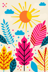 Fototapeta premium Colorful leaves with sun and clouds in a vibrant design 