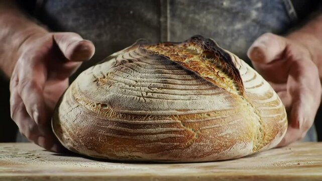 Close-up of rustic artisan sourdough bread in baker&rsquo;s hands, photorealistic, cinematic orbit and zoom, natural moody lighting, tactile textures