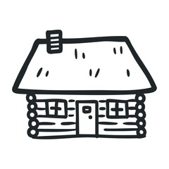 Simple hand-drawn log cabin illustration with chimney detail – stock vector icon in line drawing style