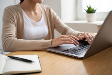 Fototapeta premium Working professional typing on laptop at desk with notebook and pen, focusing on tasks in bright indoor environment