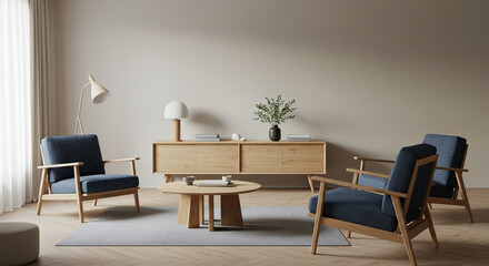 Modern living room interior design with blue armchairs and wooden furniture for home decor ideas