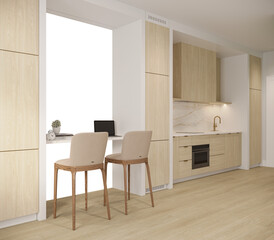 Free PNG wallpaper mockup in Interior, Modern Kitchen and Home Office Space with Natural Light with transparent background, 3D rendering