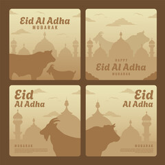 instagram posts collection for islamic eid al-adha celebration with illustration of goat and cow