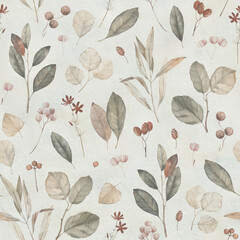 Watercolor leaves, berries and seeds. Vintage seamless pattern. Summer background.
