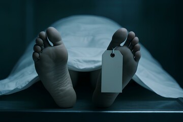 Close-up of the empty identification tag on the toe of the deceased, the body of a deceased person lying on a metal table in the morgue, covered with a white sheet. Gloomy, cold lighting.