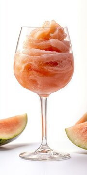 Refreshing Pink Watermelon Frose Cocktail in a Wine Glass Isolated on White Background