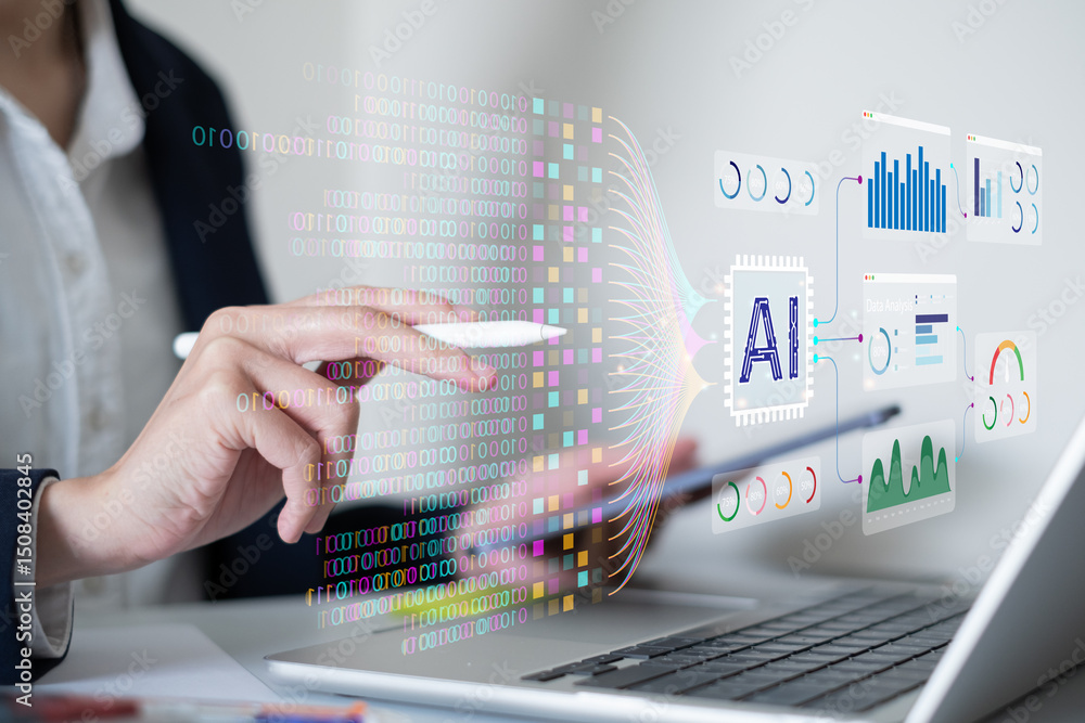 Poster businessman using laptop tablet data analysis big data technology artificial intelligence ai innovat