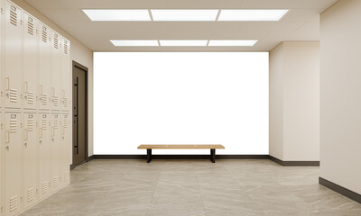 Free PNG wallpaper mockup in school Interior Design, Locker Room with Lockers and Bench., 3D rendering	
