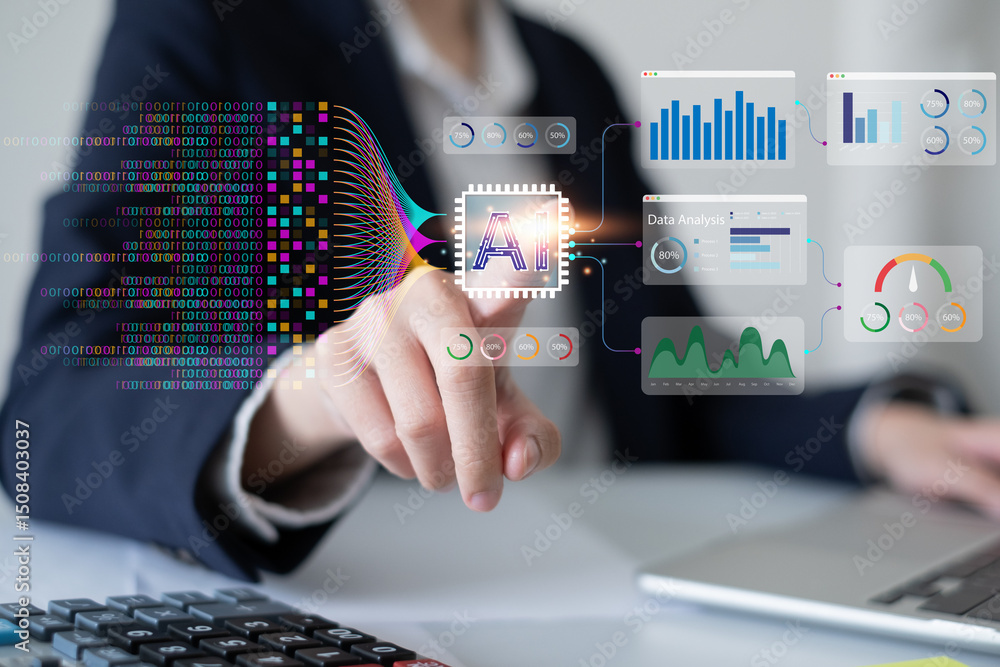 Poster businessman using laptop tablet data analysis big data technology artificial intelligence ai innovat
