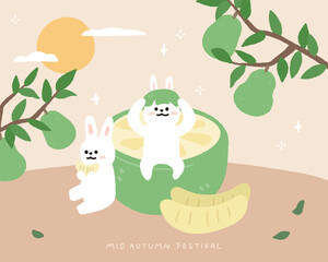 Hand drawn Mid autumn festival template background with  pomelo and full moon.