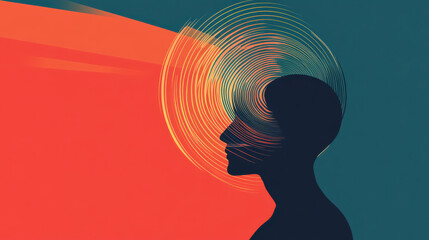 Mental Journey: An abstract silhouette of a person's profile, their mind illuminated by swirling lines of light and color. Exploring the concept of thoughts, consciousness, and the internal landscape.