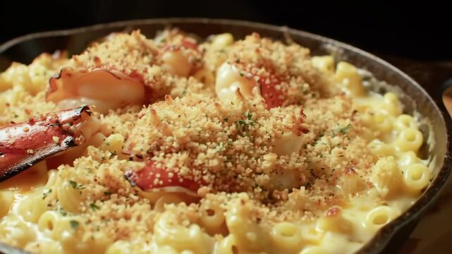 Lobster Mac and Cheese in Cast Iron Skillet, Cinematic Close-Up