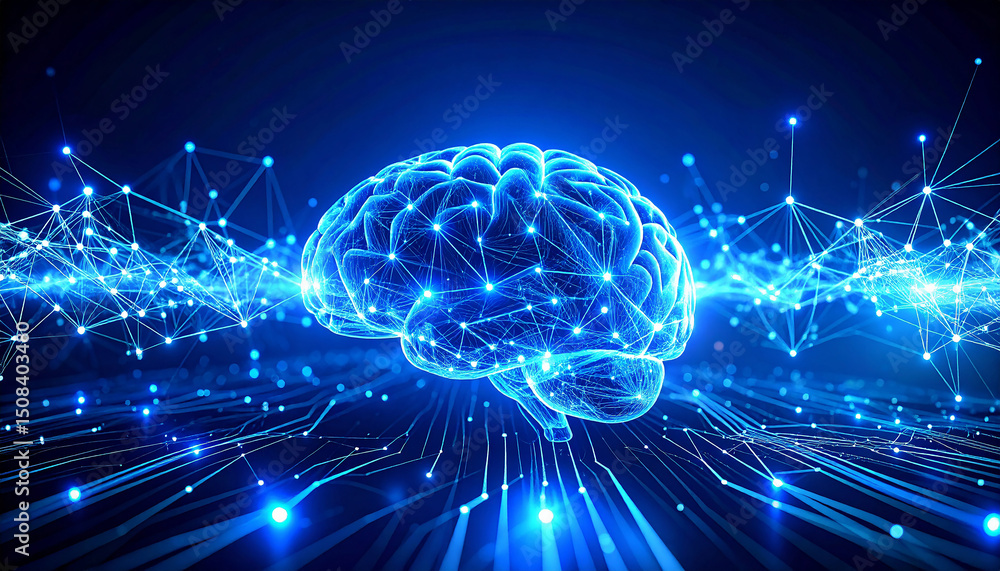 Poster brain innovation: a captivating image of a luminous brain interwoven with digital pathways, evoking 