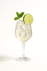 Elegant Hugo Spritz Cocktail with Lime and Mint on White Background - Minimalist Refreshing Summer Drink in Wine Glass with Ice Cubes