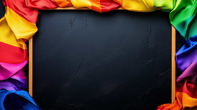 Black board framed with colorful rainbow fabrics. Concept of LGBT, pride month, mockup for message,  copy space.