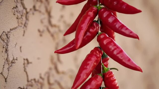Close-up ristra of red chili peppers, rustic wall, slow orbit and zoom, glossy texture, cultural tradition
