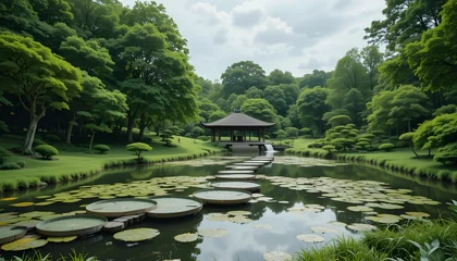 Poster de jardin  Tranquil Japanese Zen Garden with Circular Stone Path over Lotus Pond and Traditional Pavilion Surrounded by Lush Green Trees and Manicured Landscape  © MORIOMAKTER