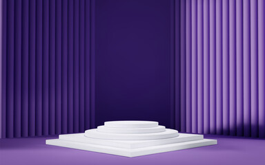 Plakat 3d purple room background with white podium and column. Product display with platform. Abstract geometric light scene.