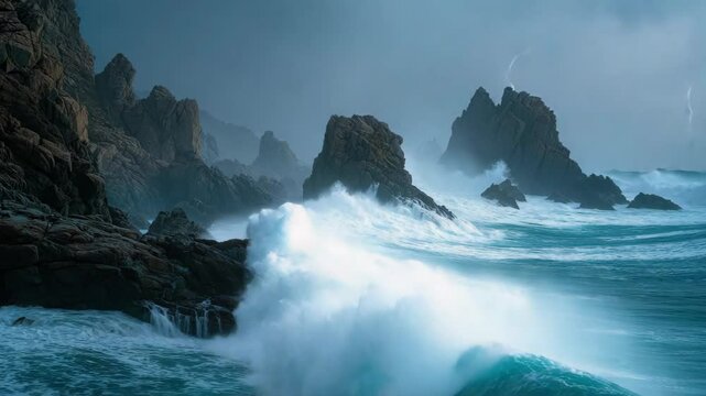 Stormy Ocean Waves with Lightning and Cliffs/嵐の海と雷：崖に打ち寄せる波1