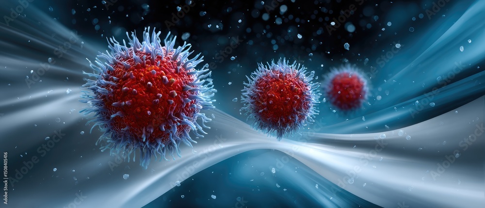 Poster vaccine virus efficacy concept. microscopic view of virus structures in dynamic blue and white backg