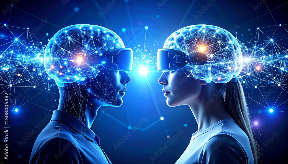 Poster digital minds connect: a captivating artistic rendering of two figures immersed in a digital world. 