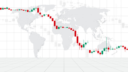 Stock market trading chart. Abstract finance sketch background world map. Falling financial market. Japanese candlesticks. Investment concept. Economy trends background for business. Vector